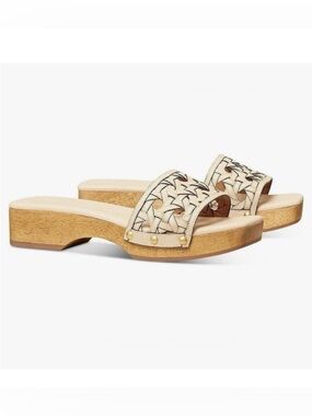 Tory Burch Basketweave Calfskin Cream Clog Sandals Wooden Shoes